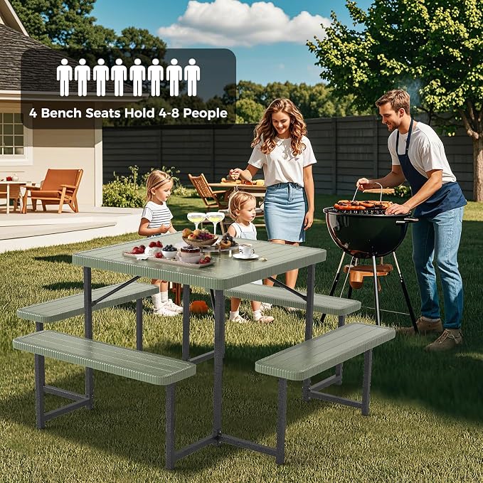 Giantex Picnic Table Bench Set for 4-8 People, 34" Outdoor Square Dining Table & 2 Benches w/Umbrella Hole, HDPE Tabletop, Metal Frame, Patio Camping Furniture for Backyard Porch Lawn (Green,Square)