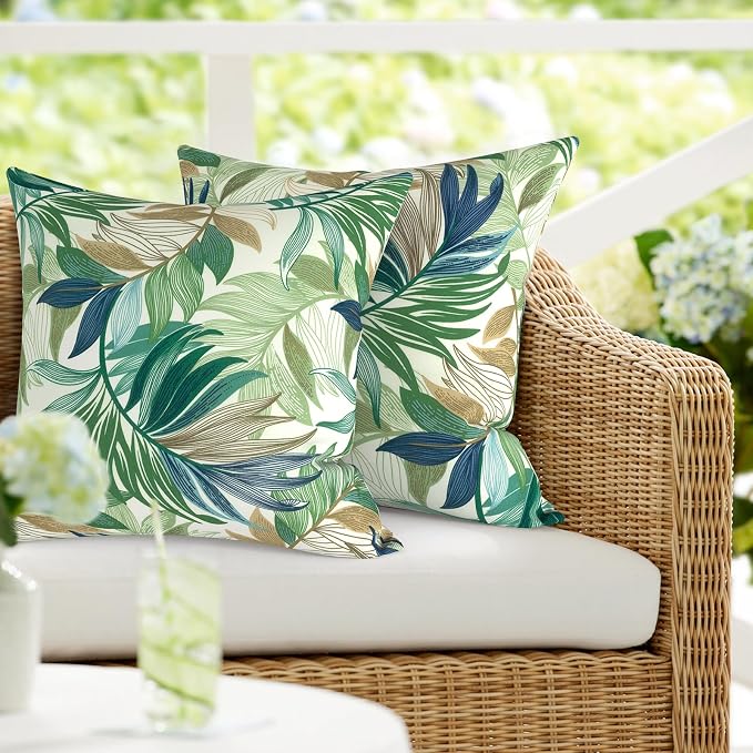 DYTXIII Pack of 2 Waterproof Outdoor Pillow with Inserts, 18x18 Square Patio Decorative Throw Pillow for Home,Sofa,Bench and Patio Furniture,Lush Leaf Green