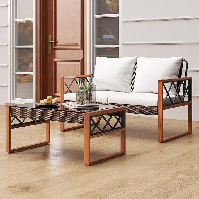 HAPPYGRILL 2 Pieces Patio Furniture Set, PE Rattan Loveseat and Coffee Table Set with Cushions & Tempered Glass Tabletop, Acacia Wood Outdoor Conversation Set for Balcony, Backyard & Poolside