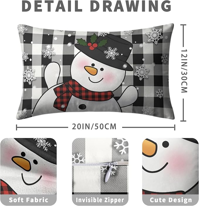 Christmas Santa Lumbar Pillow Covers 12x20 Set of 2 Snowman and Xmas Santa Rectangle Cushion Case Christmas Black Buffalo Plaid Waist Throw Pillowcases for Living Room Bedroom Sofa