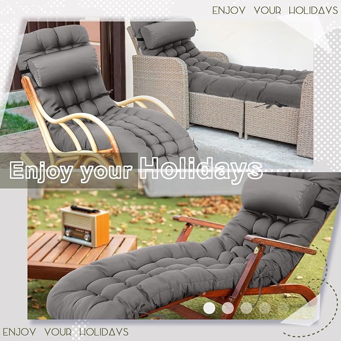 Tudomro Outdoor Chaise Lounge Cushion 66x21x4'' Waterproof & Fade-Resistant Patio Pool Chaise Lounge Cushion Headrest Pillow Tie Replacement Rocking High Back Chair(Dark Gray,Set of 2)