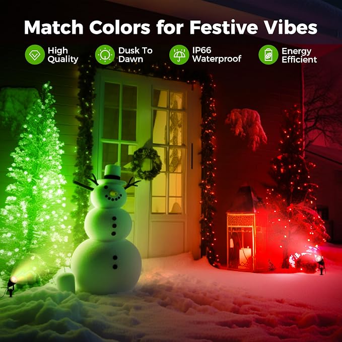 L LOHAS LED Green Outdoor Spotlight 5W Dusk to Dawn Landscape Light 2 Pack | Green Holiday Spotlights with Auto On/Off Function, Outdoor Tree Lighting for Christmas, Yard and Garden Decoration
