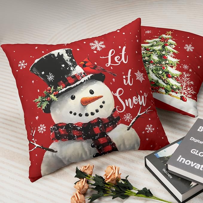 Red Christmas Pillow Covers Snowman Throw Pillow Covers Xmas Tree Pillow Case 16x16 Winter Snowflakes Cotton Blend Cushion Case for Holiday Decor Couch Sofa 2 Pack