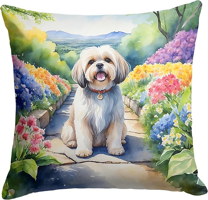 Caroline's Treasures Lhasa Apso Spring Path Throw Pillow Machine Washable, Indoor Outdoor Decorative Pillow for Couch, Bed or Patio, 14Hx14W