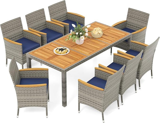 HAPPYGRILL 9 Pieces Patio Dining Set for 8, Outdoor Acacia Wood Table and Rattan Chairs with 2" Umbrella Hole, Cushions, Wicker Outdoor Dining Furniture Set for Backyard, Garden, Deck (Navy)