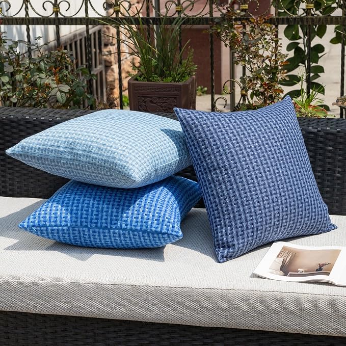 Kevin Textile Outdoor Waterproof 16"x16" Pillow Covers 2 Pack, Blue | Water Resistant Weaving Faux Linen Texture Throw Pillow Covers, Outside Decorative Pillowcases for Garden Patio Balcony Couch
