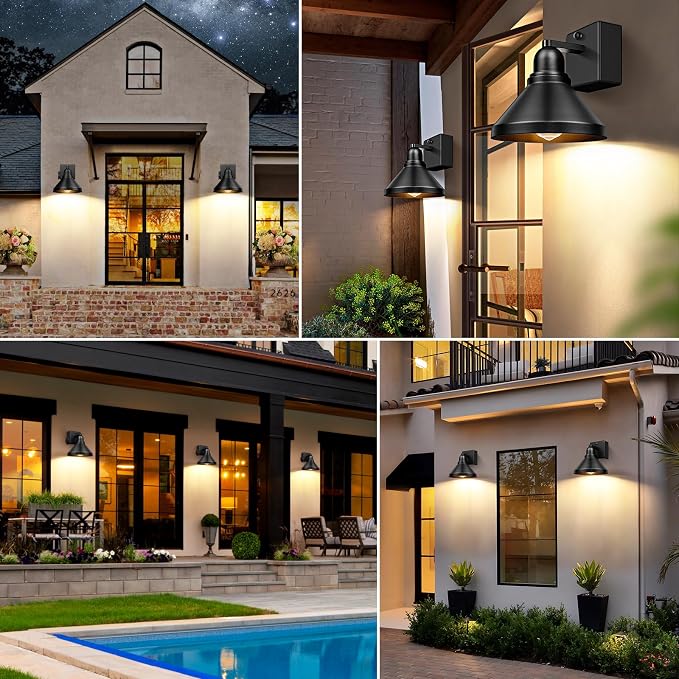 Motion Sensor Outdoor Wall Lights, Dusk to Dawn Porch Lights Outdoor Wall Sconces, Exterior Barn Lighting Fixtures with Outlet, Black Outside Lights for House, 2-Pack