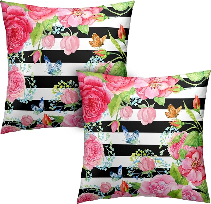 Spring Summer Pillow Covers 20x20 Set of 2 Rose Throw Pillow Covers Butterfly Flowers Pillow Case Black Stripes Cotton Blend Cushion Case for Home Decor Couch Sofa
