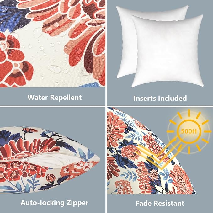 LVTXIII 2 Pack Outdoor Pillows 18x18 Inch, Square Throw Pillows with Inserts, Decorative Water-Repellent Pillow Cushions for Patio Furniture and Garden Sofa, Vibrant Blossom