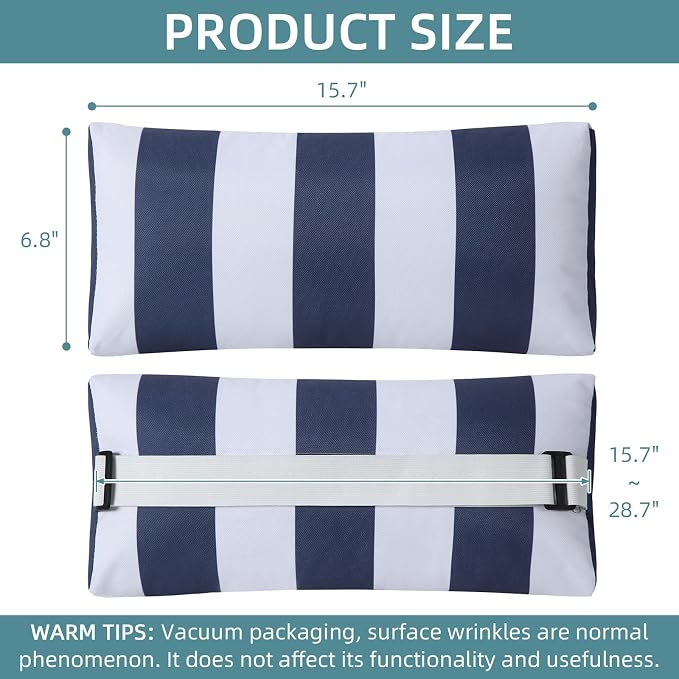 Outdoor Chair Pillows, 4 Pack Chaise Lounge Headrest Pillows Striped Pool Lounge Chair Pillow with Strap Recliner Pillow for Patio Garden Beach Balcony (Navy Blue)