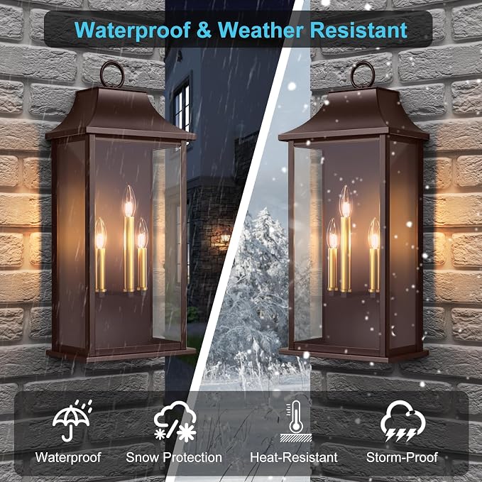 Dusk to Dawn Outdoor Wall Light, 25.3", Oil Rubbed Bronze | 3-Light, Large Outdoor Light Fixture, Waterproof Exterior Wall Lantern, For House Porch Patio