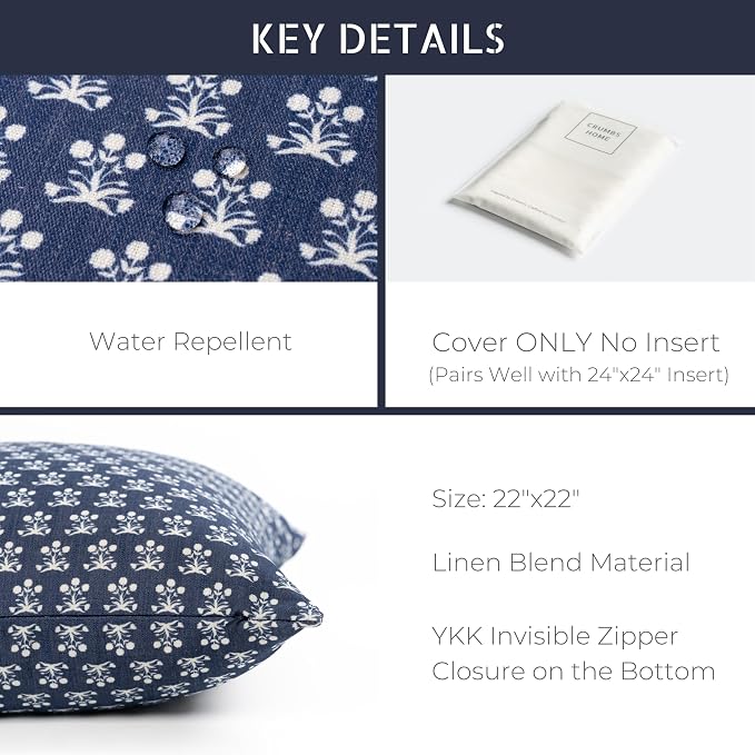California Casual Coastal Indoor Outdoor Throw Pillow Cover, 22"x22" Water Repellent for Patio, Backyard, Couch, Poolside, Dark Navy Block Print Floral
