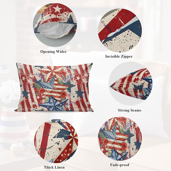 Independence Day Outdoor Pillow Covers 20"x12" Set of 2, Retro American Flag Star Red Flower Abstract Country Waterproof Throw Pillow Covers for Patio Furniture, Decorative Cushion Covers for Porch