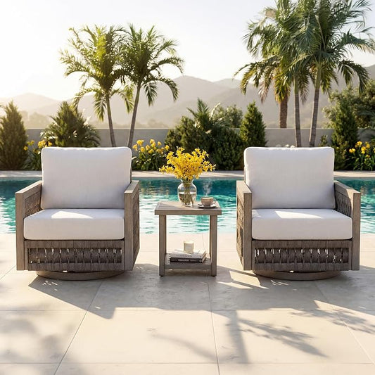 3 Pieces Patio Furniture Set, Outdoor Patio Sofa Set with 2 Swivel Chair & Side Table, All-Weather Aluminum Garden Outdoor Contemporary Sofa Chair with Cushion for Porch Yard Deck, Gray Oak