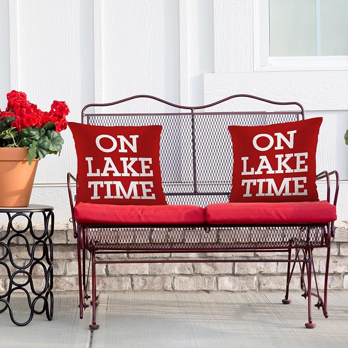 Swono Set of 2 On Lake Time Pillow Covers 18 X 18 Inch, Funny Lake Quote Square Decorative Throw Pillow Covers for Sofa Couch Bed,Outdoor Indoor Pillowcase Cushion Cover, Red White
