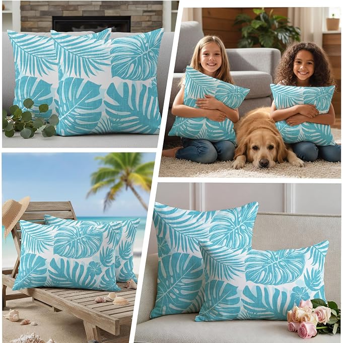Aqua Blue Palm Leaves Outdoor Pillow Covers 18"x18" Set of 2, Tropical Botanical Minimalist Modern Waterproof Throw Pillow Covers for Patio Furniture, Decorative Cushion Covers for Porch