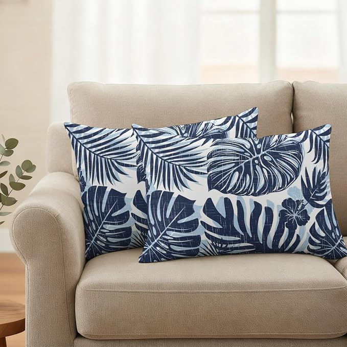 Navy Blue Palm Leaves Outdoor Pillow Covers 20"x12" Set of 2, Tropical Botanical Minimalist Modern Waterproof Throw Pillow Covers for Patio Furniture, Decorative Cushion Covers for Porch