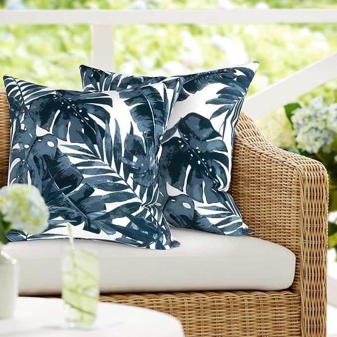 DYTXIII Pack of 2 Outdoor Waterproof Pillow Covers ONLY, 18"x18" Square Decorative Double Printed Throw Pillow Cases for Patio Couch Porch Furniture, Palm Blue