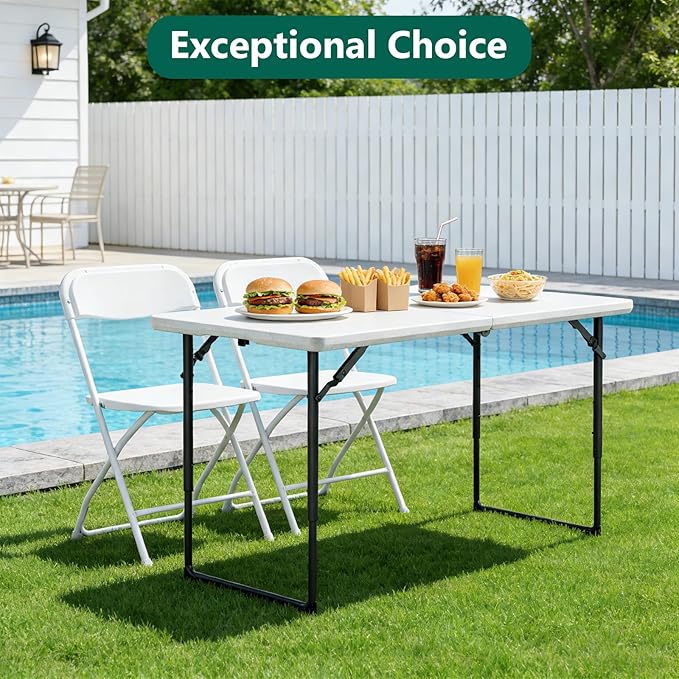 4FT Folding Table, Fold Up Picnic Table with Height Adjustable Portable Table for Indoor Outdoor Use Camping Table for Party, BBQ, White