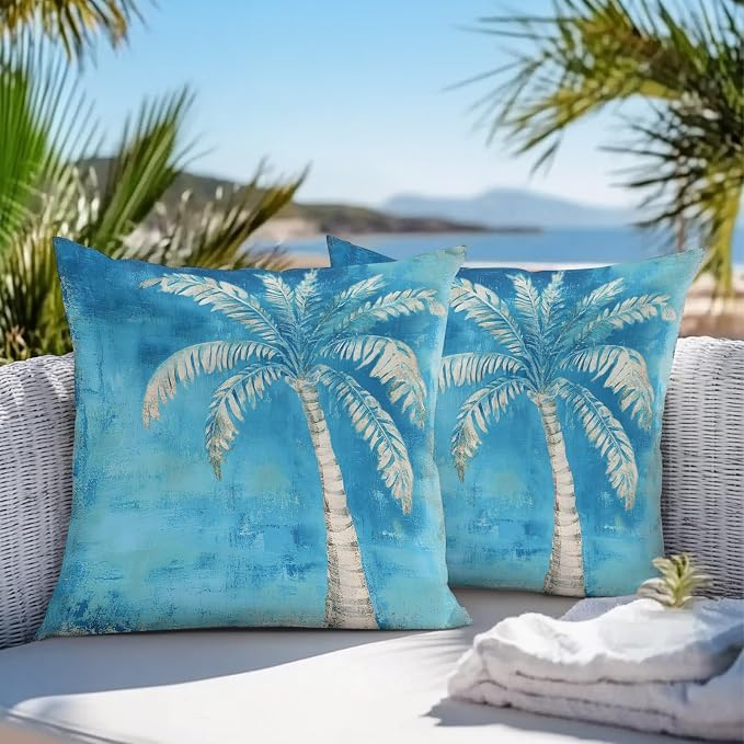Coastal Beach Tree Blue Outdoor Waterproof Pillow Covers, Vintage Summer Palm Tree Decorative Square Throw Pillowcase, Tropical Botanical Sofa Cushion Sham for Patio/Couch/Chair, 24"x24" 2 Pack