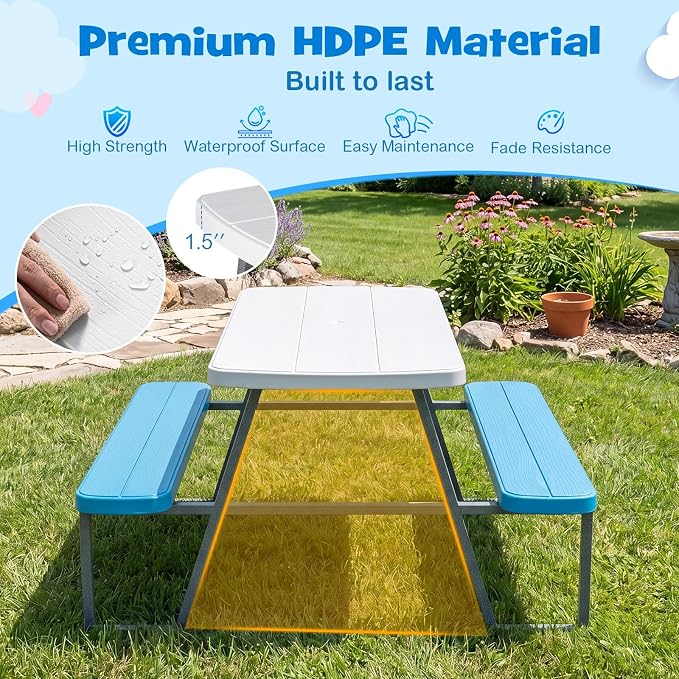 HONEY JOY Kids Picnic Table, 4 Person Toddler Outdoor Table and Chair Set, Built-in Benches, Removable Umbrella, Metal Frame & HDPE Top, Children Outdoor Furniture for Backyard Patio Garden (Blue)