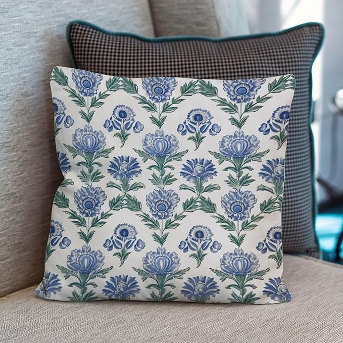 Mughal Flower Throw Pillow Covers Blue Lotus Floral Throw Pillow Cover Modern Outdoor Waterproof Decorative Pillow Cover for Patio Couch Sofa 20x20 in