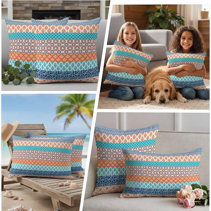 Geometric Bohemia Outdoor Pillow Covers Set of 2 Stripes Orange Turquoise and Blue Waterproof Throw Pillow Cover Decorative Cushion Cases for Patio Porch Garden 26X26 Inch