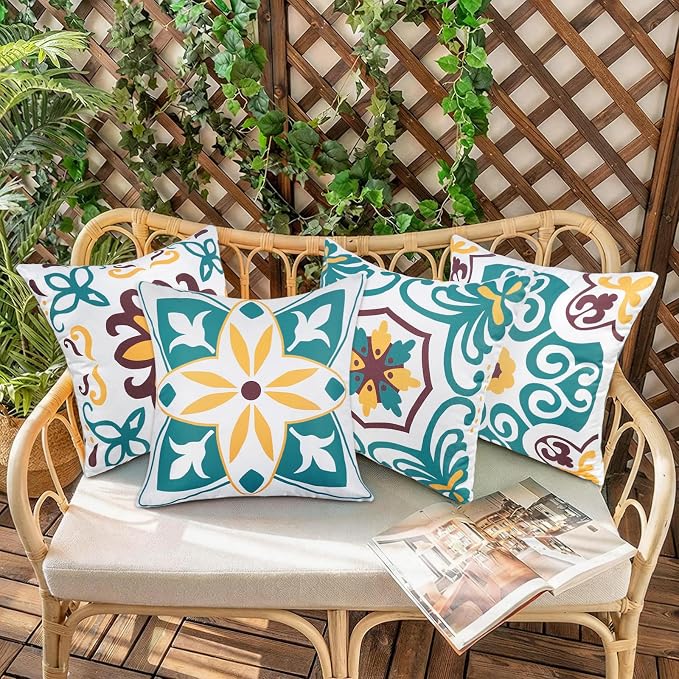 Pyonic Turquoise Waterproof Outdoor Pillow Covers 16x16 inch | Set of 4,Morocco Vintage Floral Boho Throw Pillow Covers ,Water Resist Outdoor Pillows for Patio Furniture Garden Yard