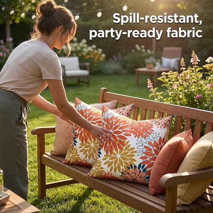 Set of 2 Dahlia Waterproof Throw Pillow Covers Outdoor Decorative Flowers Cushion Covers 18×18 Inch Spring Summer Pillowcases with Invisible Zipper for Couch Bench Garden Patio Funiture