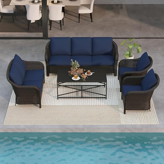 5 Pieces Outdoor Patio Rattan Conversation Furniture Set with Cushions, 78" 3-Seat Wicker Sofa, 55" 2-Seat Couch, 2 Armchairs, Metal Coffee Table for Garden (Navy Blue)