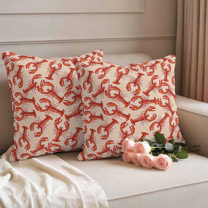 Summer Marine Life Outdoor Waterproof Throw Pillow Covers 18"x18" Set of 2, Farmhouse Red Lobster Decorative Garden Pillowcase with Zipper Cushion Case for Patio Couch Tent