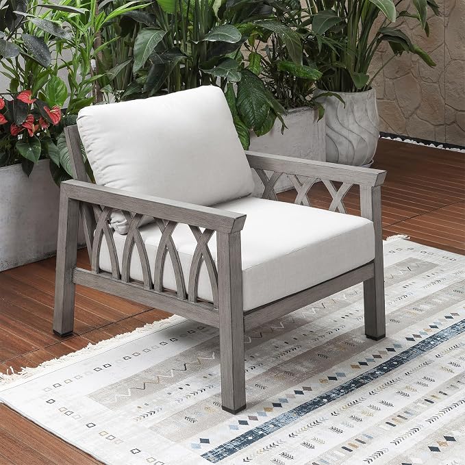 Aluminum Outdoor Sofa Chair, Modern Patio Sofa Armchair with Washable Cushions, Weather-Resistant Outdoor Club Chair, Patio Armchair Furniture for Garden, Deck, Porch, Limed Oak
