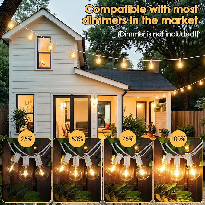 25FT G40 LED Outdoor String Lights with 10+1 Bulbs, Plug-in, White | Waterproof, Shatterproof, Dimmable, Connectable, Energy-saving, Patio Lights Porch Balcony Backyard Party Classroom Decor