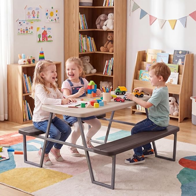 Costzon Kids Picnic Table, Toddler Outdoor Table & Bench Set with Removable Umbrella, HDPE Tabletop, Metal Frame, Kids Outdoor Furniture for Patio Backyard Garden, Fits 4 Children Age 3+ (Coffee)