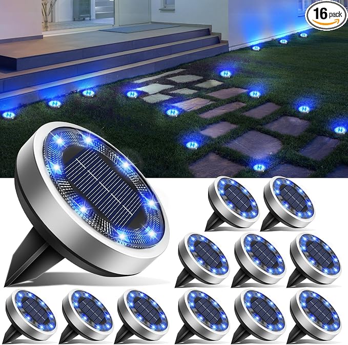 btfarm 16 Pack Solar Lights Outdoor, 8 LED Solar Ground Lights IP65 Waterproof Flat Solar Disc Light, Pathway Lights for Garden Lawn Patio Yard Path Landscape, Blue