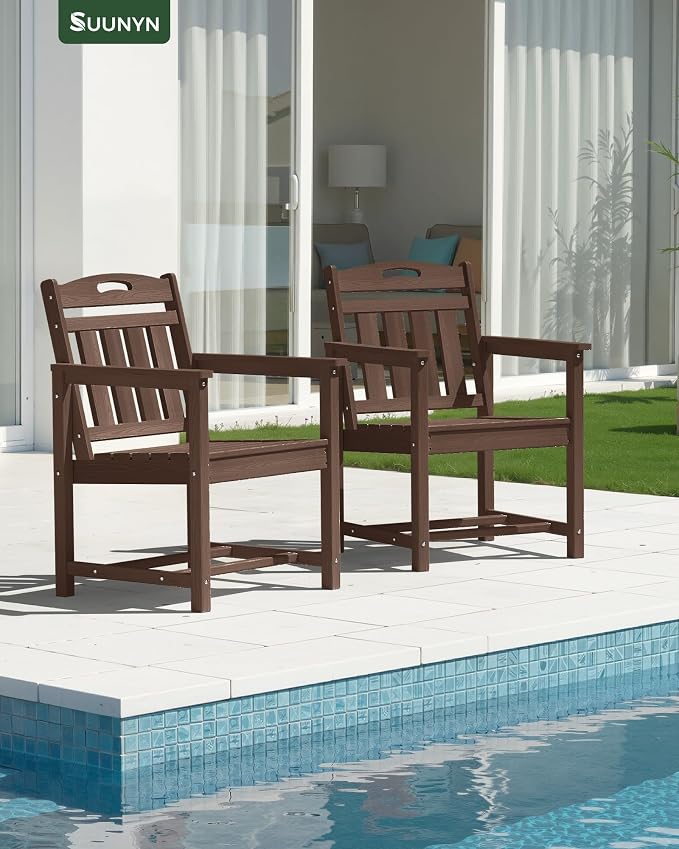 Set of 2 Weatherproof Patio Chairs - HDPE Outdoor Dining Chairs with Wide Seat, Ergonomic Design - for Garden, Backyard, Deck - Brown