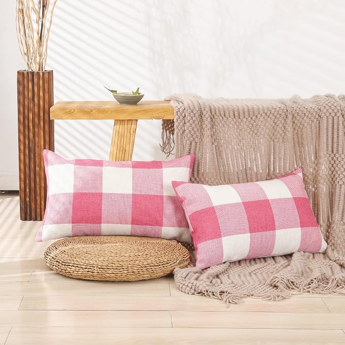 CARRIE HOME Light Pink Buffalo Plaid Lumbar Pillow Covers 12x20 Set of 2, Pink Checkered Pillow Covers 12 x 20 Outdoor Farmhouse Decor for Couch, Sofa and Patio