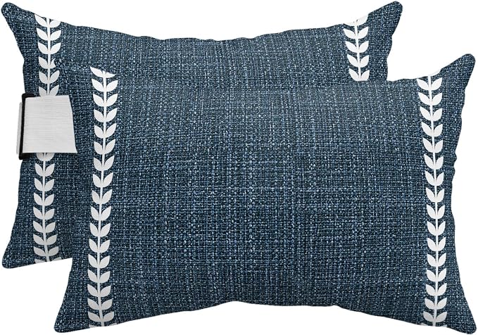 Navy Blue Outdoor Lumbar Pillows 12x20 Set of 2, Traditional Rustic Minimalist Striped Pattern Waterproof Throw Pillow Covers with Insert, Decorative Support Pillows for Lounge, Chaise