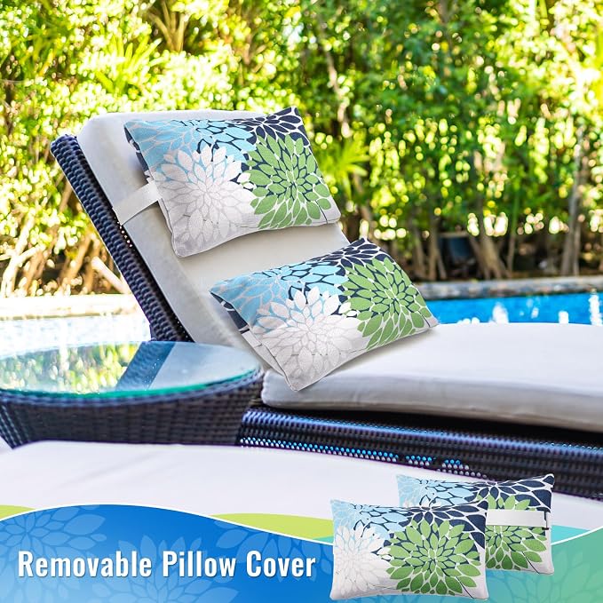 Juexica 2 Pack Chaise Lounge Pillow with Strap Outdoor Waterproof Beach Chair Neck Headrest Pillow Adjustable Elastic Band for Hammock Lumbar Recliner Pillows for Patio Pool Chair(Floral Style)