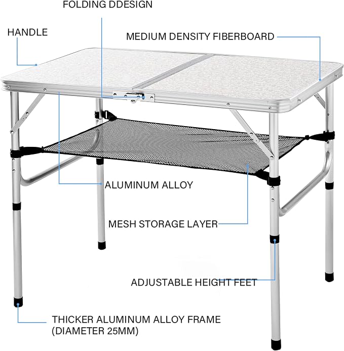 YUFIFAIRY Aluminum Camp Table, Folding Table Portable,Lightweight,Foldable with 2 Adjustable Height, Indoor Outdoor Table for Cooking, Picnic, 2 Heights, 36''L x24''W