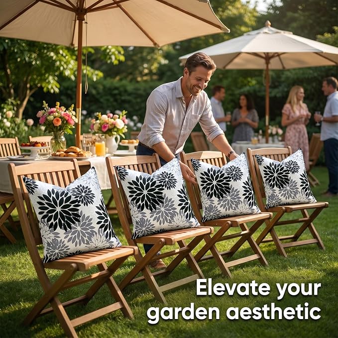 Black and Gray Dahlia Throw Pillow Covers Set of 2 Outdoor Waterproof Pillow Case 20x20 Inches Decorative Cushion Covers Spring Summer for Tent Patio Garden Living Room Sofa Bedroom