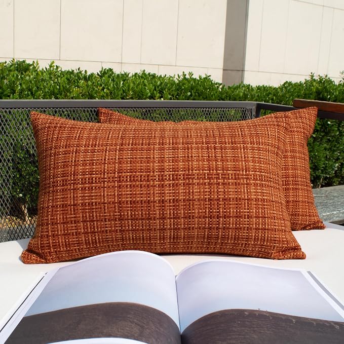 Kevin Textile Outdoor Waterproof 12"x20" Pillow Covers 2 Pack, Burnt Orange | Fall Water Resistant, Faux Linen Yarn-dyed, Woven Texture Throw Pillow Covers for Tent Patio Garden Couch Sofa