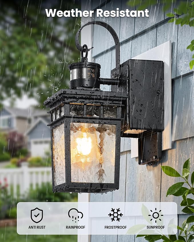 Gleamz Adjustable Time & Distance Motion Sensor Porch Light with GFCI Outlet, Modern Exterior Lighting Fixtures, Black Outdoor Lanterns for Porch, House, Patio, Garage, Waterproof, Aluminum, 1 Pack