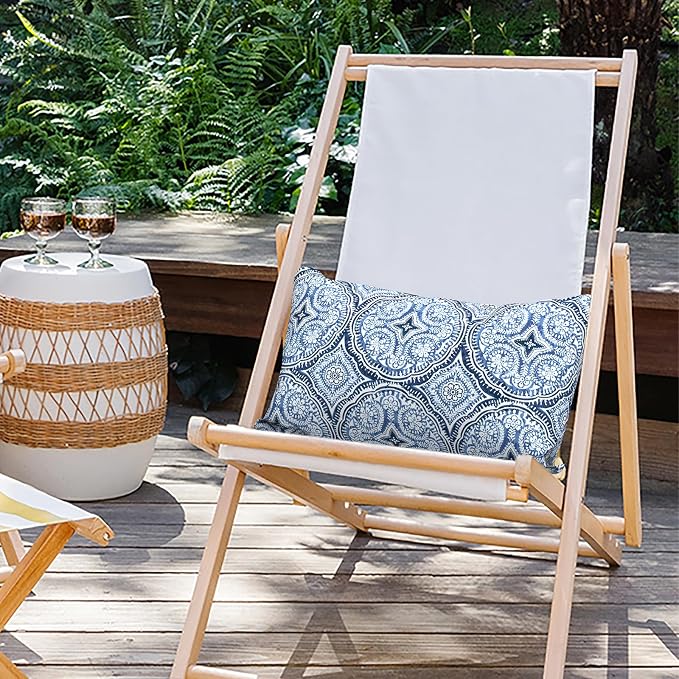 Outdoor Lumbar Pillows 12x20 inch, Rectangle Throw Pillows with Inserts, Decorative Lumbar Cushions for Patio Furniture Garden Couch Home Sofa Office Chair, Pack of 2,Medallion Blue
