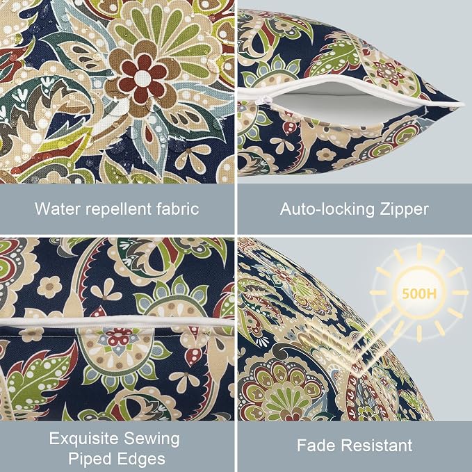 LVTXIII Outdoor Throw Pillow Covers Set of 2, Patio Waterproof Pillow Cases Fade Resistant Accent Pillow Covers for Home and Garden Furniture Decoration, 18"x18", Paisley Sapphire Blue