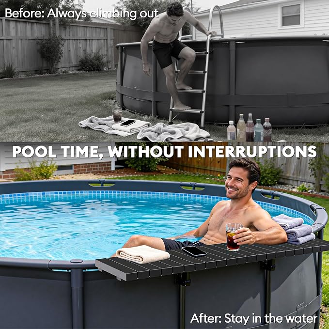 Pool Bar for Above Ground Pools, Stable Poolside Drink & Snack Table Supports Up to 110 lbs, Large Heavy-Duty Metal Poolside Bar Fits ≤4.4” Rails for Framed Round & Oval Pools, Ideal for Pool Parties