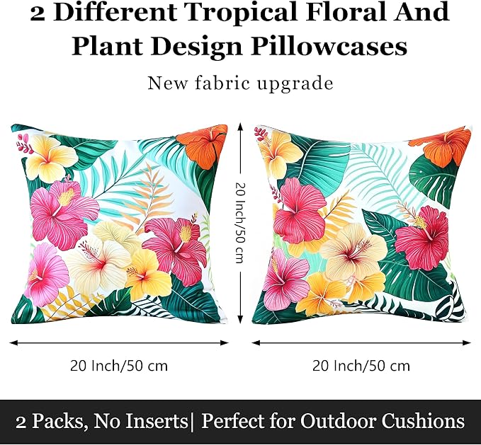 Outdoor Pillow Covers 20x20 Inch Set of 2, Tropical Floral Plants Boho Throw Pillows Cases Waterproof Square Garden Cushion Sham for Patio Funiture Tent Balcony Bench Sofa Couch, Yellow Green