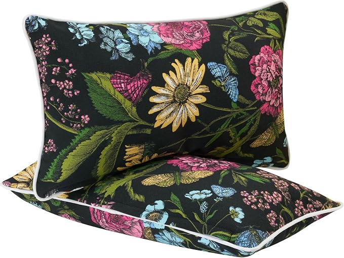 FUNHOME Outdoor Lumbar Pillows 12x20 inch,Decorative Throw Pillow Set of 2 with Insert,Water Resistant Headrests for Patio Furniture Sofa Couch Chair(Butterfly Flower Black)