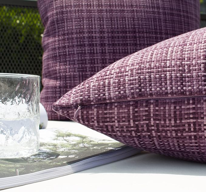 Kevin Textile Outdoor Waterproof 26x26 Inch Pillow Covers 2 Pack, Violet | Water Resistant, Faux Linen Yarn-dyed, Woven Texture Euro Throw Pillow Covers for Tent Patio Garden Couch Sofa