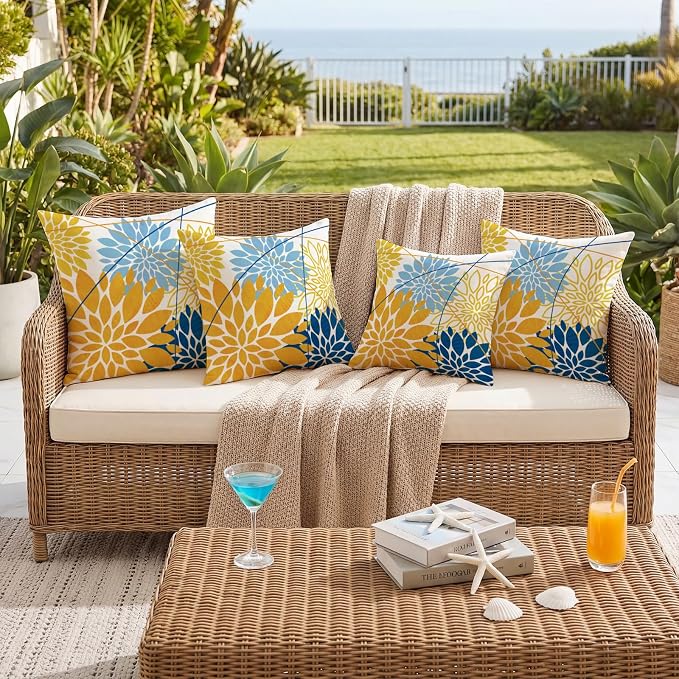 OTOSTAR Outdoor Golden Light Blue Pillow Covers 18x18 Inch Set of 2 Dark Blue Flower Throw Pillows Geometric Dahlia Floral Square Cushion Case Waterproof Decor for Sofa Patio Funiture Garden